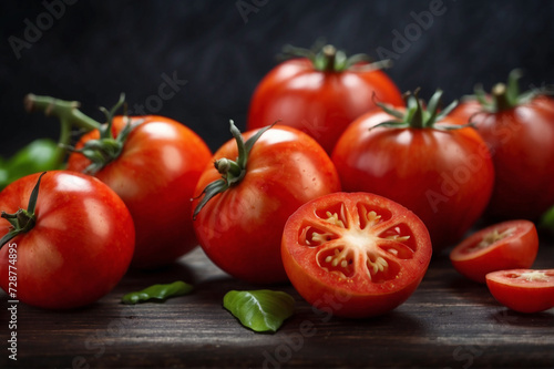 delicious fresh tomatoes fruits with black and blur background, realistic, photorealistic,