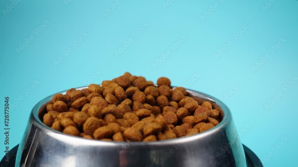 Brown cat or dog kibble in a metal bowl isolated top view close-up. Nutritious healthy diet pet food scattered around, falls and cascades the bowl. Dry cat or dog food spills from a bowl. Brown cat or dog kibble in a metal bowl isolated top view close-up. Nutritious healthy diet pet food scattered around, falls and cascades the bowl. Dry cat or dog food spills from a bowl.