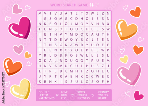 Love word search puzzle game with cute heart drawings worksheet. Printable activity for Valentines day. Educational game, learning English vocabulary