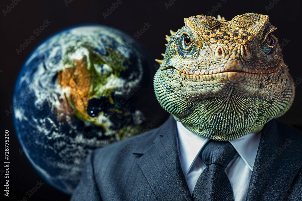 Lizard in a business suit with Earth in background, Lizard People conspiracy theory, artist's impression Lizard in a business suit with Earth in background, Lizard People conspiracy theory, artist's impression