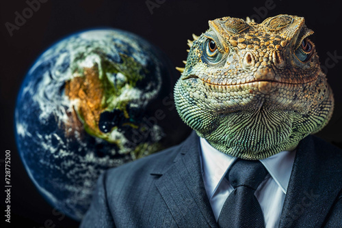 Lizard in a business suit with Earth in background, Lizard People conspiracy theory, artist's impression