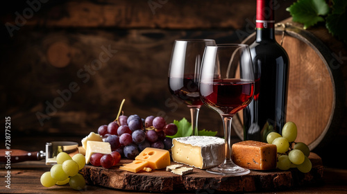 A romantic wine and cheese setting with a bottle of red wine, glasses, and assorted cheeses on a rustic wooden table