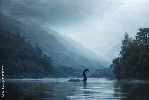 Sighting of the Loch Ness Monster in the fog, Scotland, artist's impression, cryptid photo