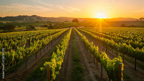 A vineyard landscape at sunset with rows of grapevines  showcasing the picturesque setting of wine production