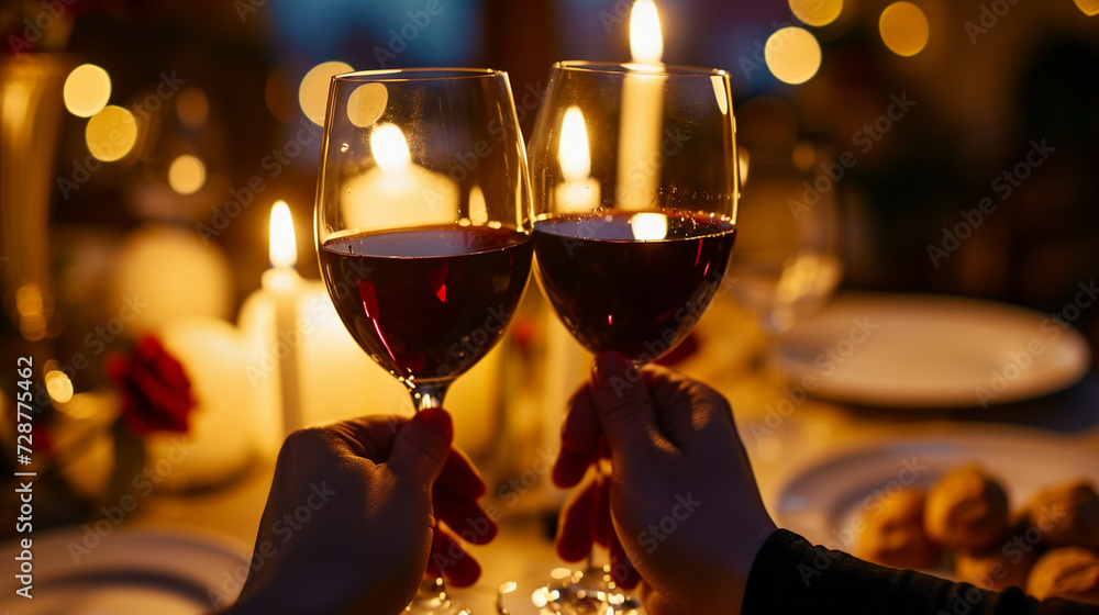 A romantic candlelit dinner with a couple toasting with glasses of red wine, creating an intimate and cozy atmosphere - obrazy, fototapety, plakaty 