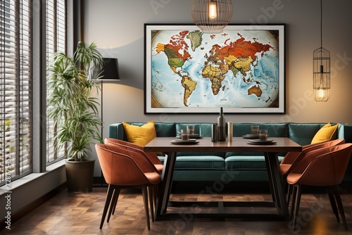 stylist and royal Stylish and eclectic dining room interior with mock up poster map