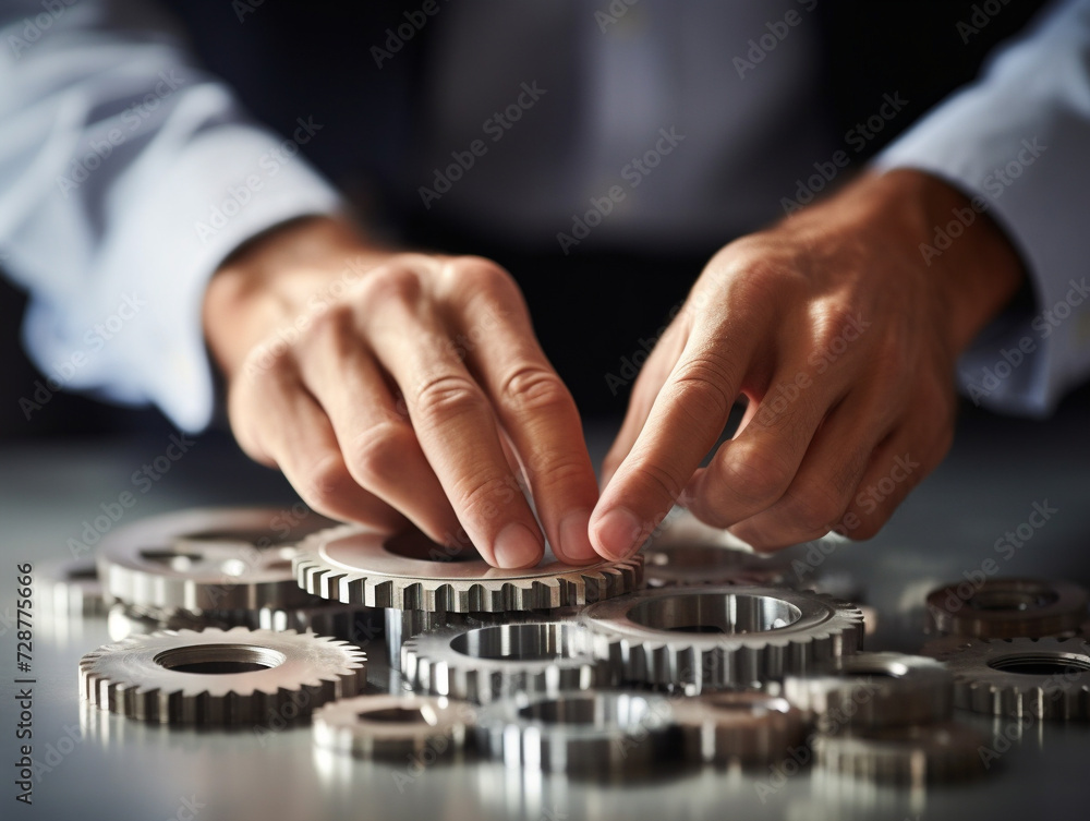 A person precisely fine-tunes gears, symbolizing the art of perfecting and adjusting mechanisms. A person precisely fine-tunes gears, symbolizing the art of perfecting and adjusting mechanisms.