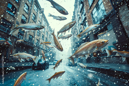 Fish falling from the sky, rain of animals phenomenon photo