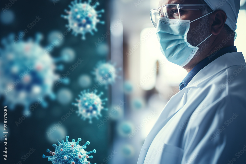 Medicine doctor, free space and coronavirus. Doctor in the hospital lobby. Healthcare, medical staff concept. Doctor and viruses hovering around him. Professional general practitioner.