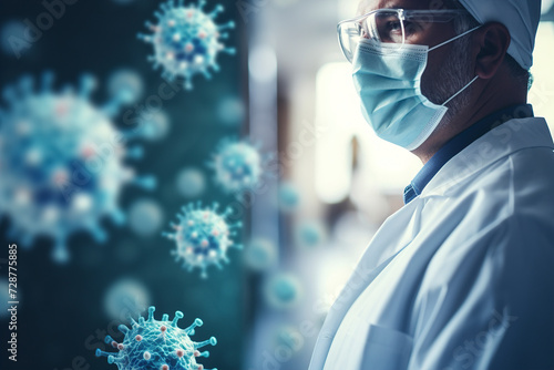 Obraz na płótnie Medicine doctor, free space and coronavirus. Doctor in the hospital lobby. Healthcare, medical staff concept. Doctor and viruses hovering around him. Professional general practitioner. w salonie