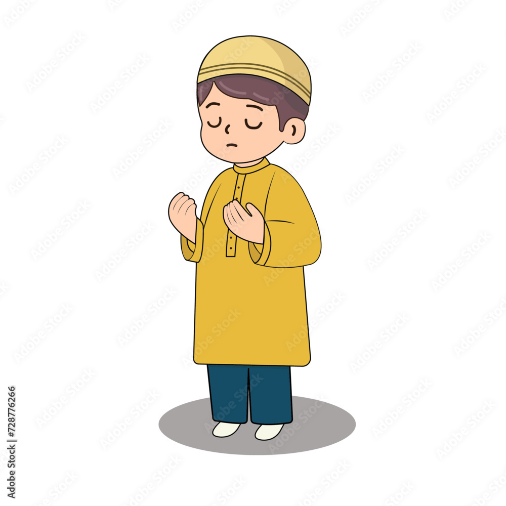 A character of muslim boy standing and praying open hands, Ramadan kareem, muslim character vector prrintable A character of muslim boy standing and praying open hands, Ramadan kareem, muslim character vector prrintable