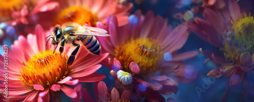photo A vibrant background of flowers and bees  symbolizing the importance of biodiversity and the role of pollinators in maintaining the health of ecosystems