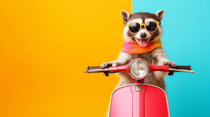 funny cute animals on a scooter. driving animals on a bright colored yellow background. Funny screensavers. leisure. drive. extreme. Funny animals.