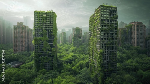 An abandoned metropolis, overgrown with grass and trees. A city swallowed up by nature. photo