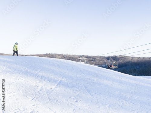 Snowboarder on Top of Hill Viewing The Course Run, Sports Winter Recreation 