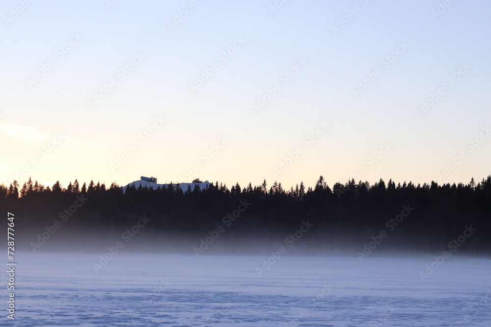 The lake in fog on a winter day with blue sky. Forest and grass in cold frozen water.