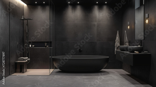 Bathroom interior design with matte black bath.