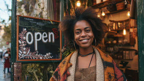 Smiling cafe owner, African American woman, standing by the Open entrance sign, inviting atmosphere with warm lights in the background, small local business and businesswoman concept