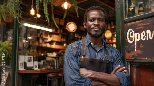 Confident African American male cafe owner in apron, standing in his cozy coffee shop with a Open sign in the background, local business support concept
