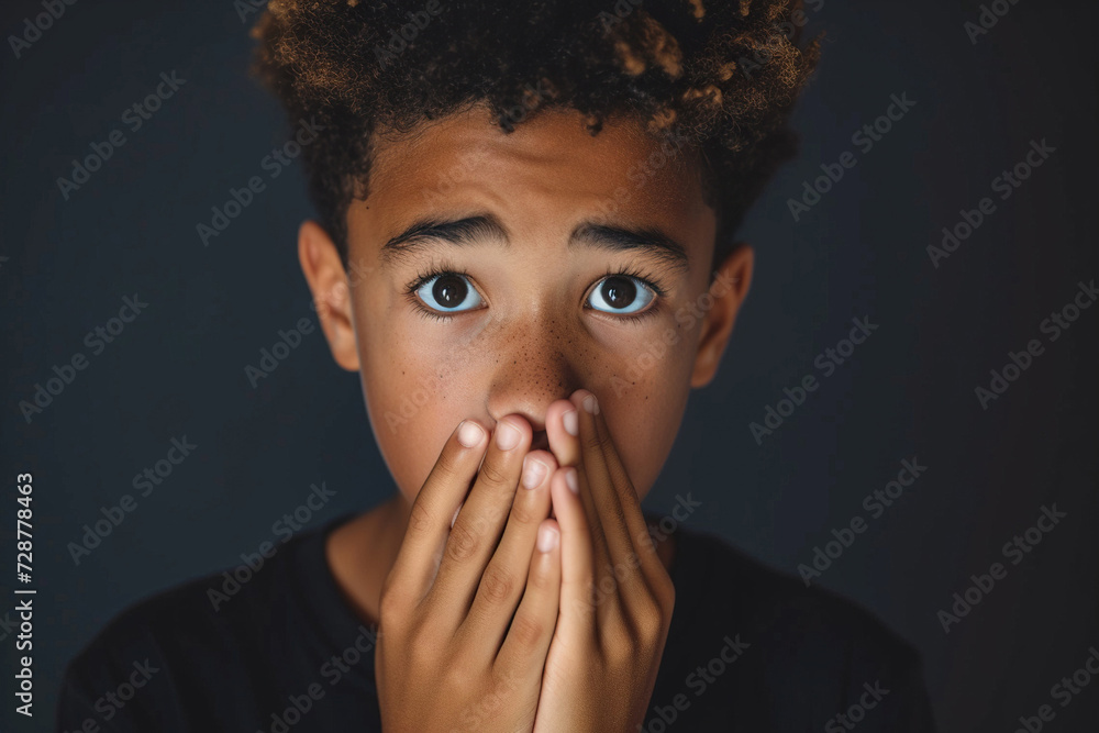 Nervous African American teenage boy and biting nails in studio with oops reaction to gossip on black background. Mistake, sorry, drama or secret with regret, shame or awkward Nervous African American teenage boy and biting nails in studio with oops reaction to gossip on black background. Mistake, sorry, drama or secret with regret, shame or awkward