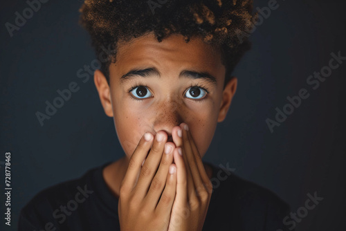 Nervous African American teenage boy and biting nails in studio with oops reaction to gossip on black background. Mistake, sorry, drama or secret with regret, shame or awkward photo