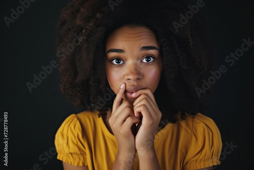 Nervous African American teenage girl and biting nails in studio with oops reaction to gossip on black background. Mistake  sorry  drama or secret with regret  shame or awkward