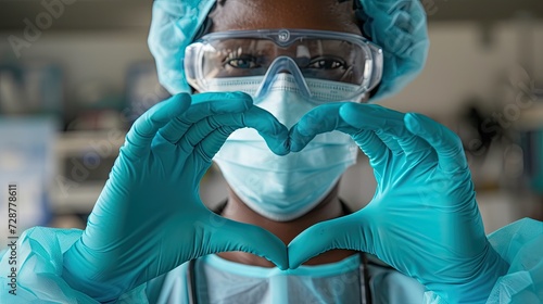 dedication of an African nurse wearing face mask, gloves, and uniform, showcasing heart-shaped hands as a symbol of medical love, care, and safety.