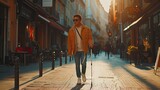 resilience and independence of a young blind man with a white cane walking down the street in the city.