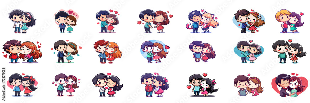 Set of kawaii kissing couple in sticker style. Set of kawaii kissing couple in sticker style.