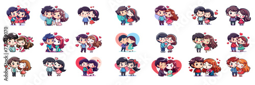 Set of kawaii kissing couple in sticker style.