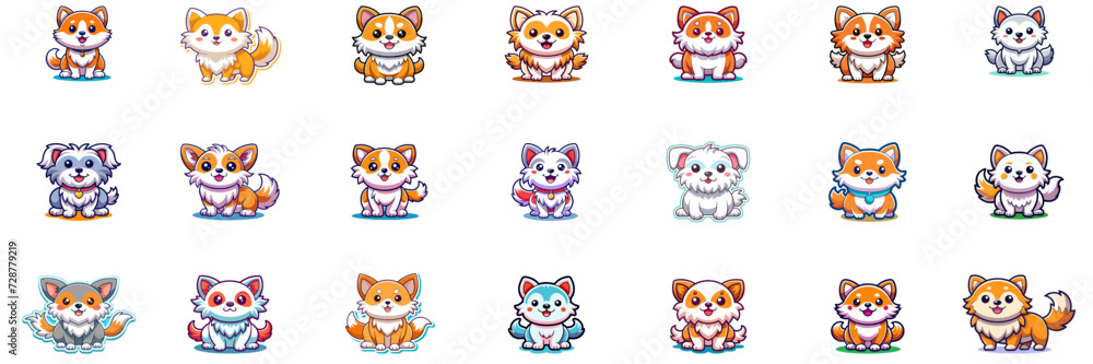 Set of kawaii dog in sticker style.