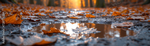 Falling leaves in puddle in autumn forest, panoramic view