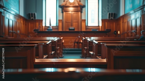 beautiful blurred background of an empty courtroom, capturing the essence of the legal system, justice concept, and the solemn ambiance of a judicial setting