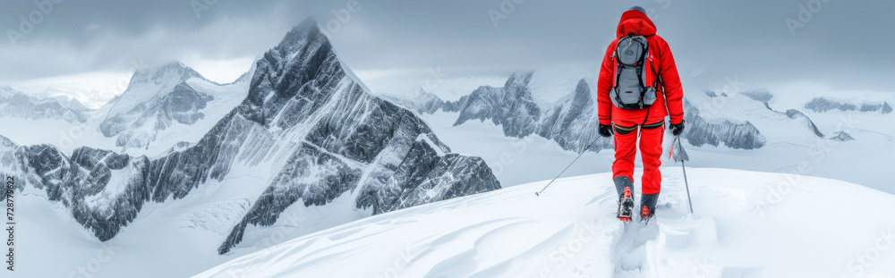 Hiker in winter mountains. Caucasus, Dombay. Panorama