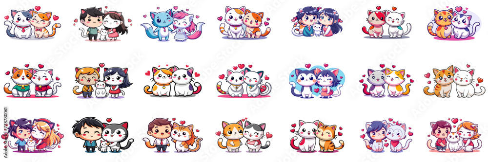 Set of kawaii cat and kawaii humanoid cat in sticker style. Set of kawaii cat and kawaii humanoid cat in sticker style.