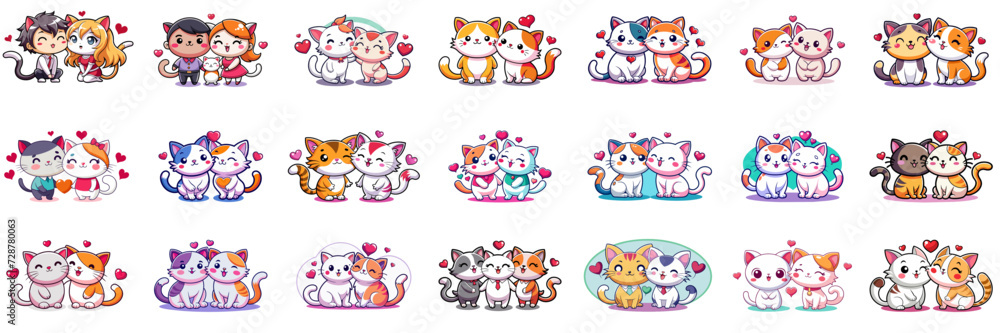 Set of kawaii cat in sticker style.