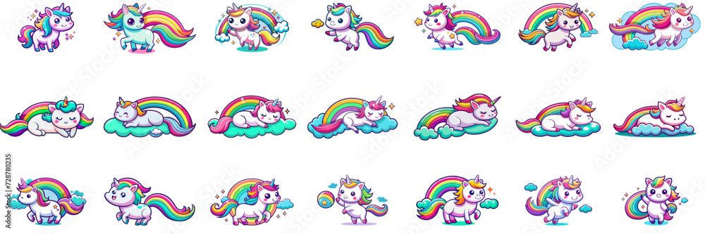 Fototapeta premium Set of kawaii unicorn in sticker style.
