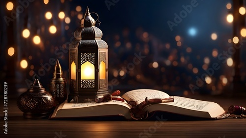 Ai Generated Arabic Lantern with Quran,  Night Sky with blurred Light photo