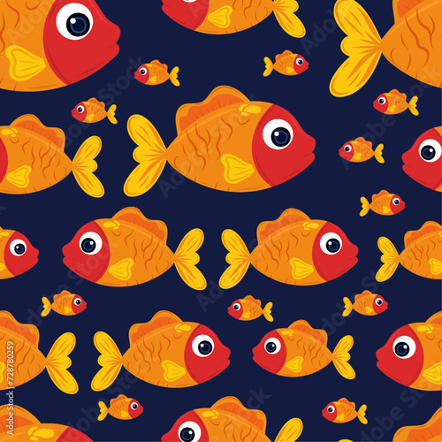 Cartoon yellow fish pattern on dark blue background. Vibrant sea fish in flat style. For characters in children's books, prints, wallpapers.