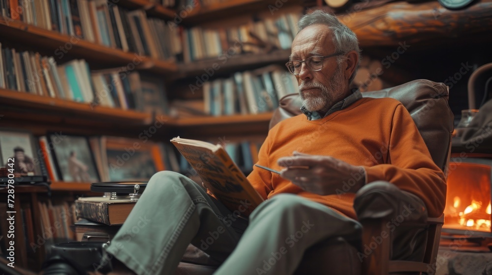A middle-aged man sits in a rustic cabin, surrounded by shelves filled with books and vintage records. No electronic devices are in sight, emphasizing a deliberate disconnection from modern technology