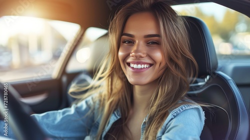 smiling woman sitting in a car, conveying the joy of driving.