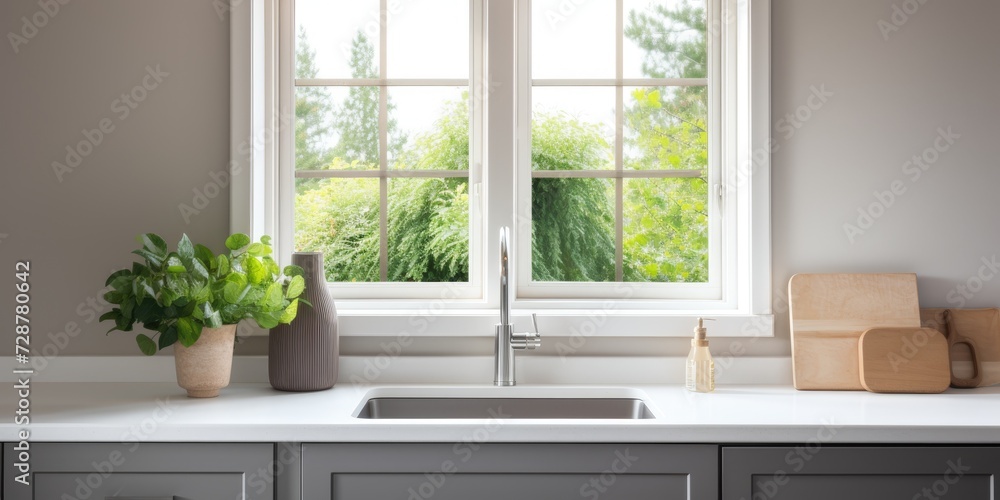 Contemporary kitchen featuring a window, gray cabinets, and a white sink and countertop. Contemporary kitchen featuring a window, gray cabinets, and a white sink and countertop.