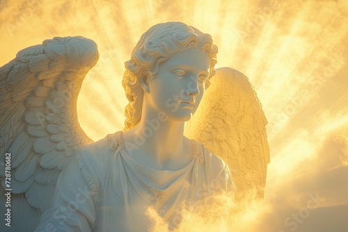 Sculpture of a guardian angel pierced by the rays of the sun. Religious Christian concept photo