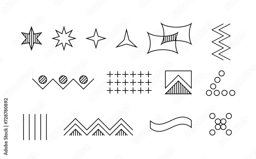 Fototapeta premium Geometric line elements set. Patterns from dots and waves. UI and UX design. Minimalistic creativity and art. Flyer and booklet. Outline flat vector collection isolated on white background