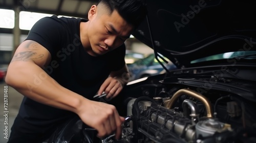 With expert hands, the Asian master meticulously works on car engine repairs in the forefront of a light-colored car service, demonstrating proficiency and dedication in the automotive field.