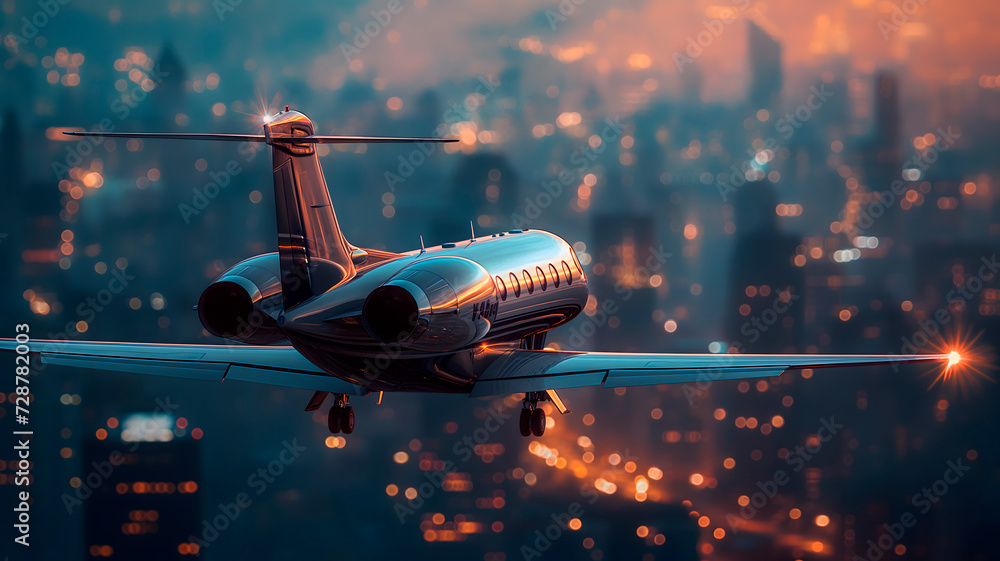 Vista aérea de un jet privado volando cerca de edificios de una ciudad  al atardecer - obrazy, fototapety, plakaty 