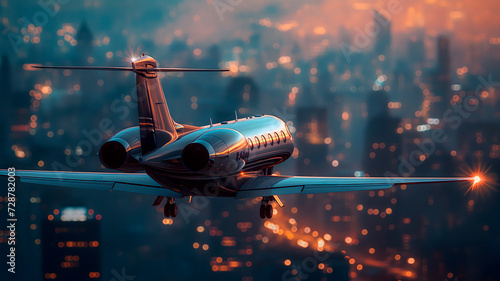 Vista aérea de un jet privado volando cerca de edificios de una ciudad al atardecer