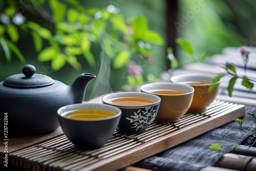 Adorable teapot pours hot, fresh green tea, creating a spectacularly serene moment.
