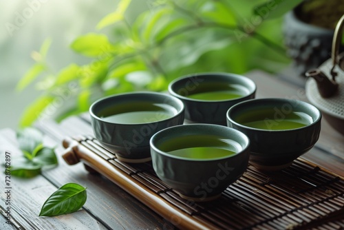 Beautiful green tea fills the cup, offering a wonderful aroma in the air.