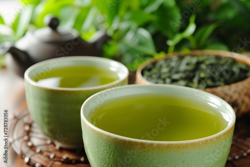 Freshly brewed green tea graces the cup, offering a wonderful taste.